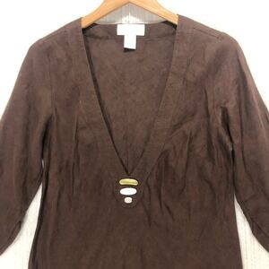 Soft Surroundings‎ Women's Brown Linen Blend V-Neck 3/4 Sleeve Tunic Top Size S